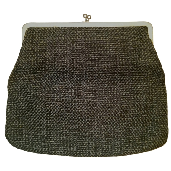 Vintage JR Fabric Wool Tweed Woven Black Purse Clutch Gold Pattern Lining - Picture 3 of 9